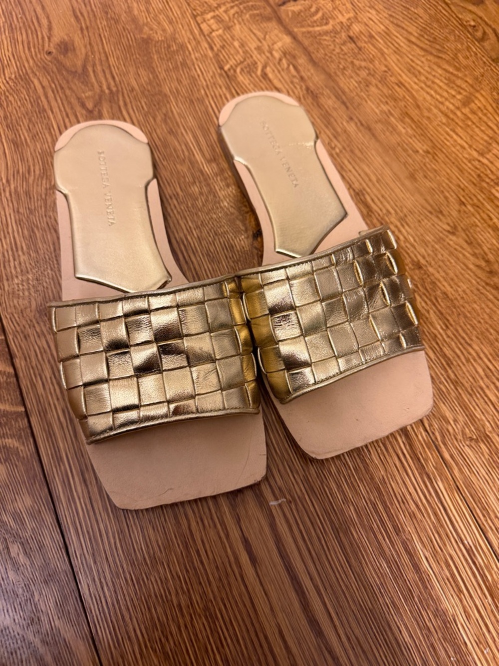 Bottega Veneta Metallic Gold Woven Leather Slide Mules